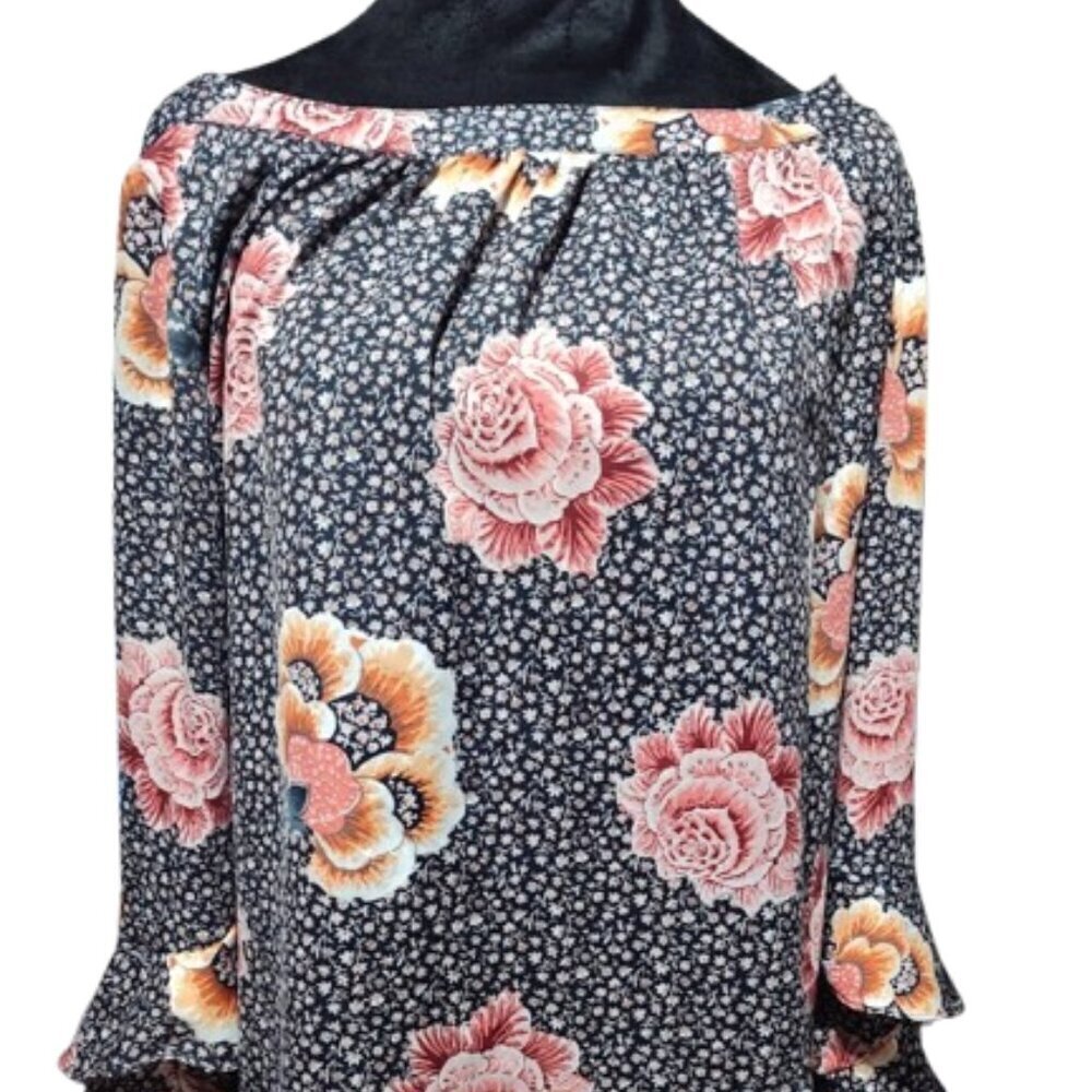 Loft Outlet Flowing Sleeves Floral Polyester Round Neck Blouse Women's Size Med. - Picture 2 of 13
